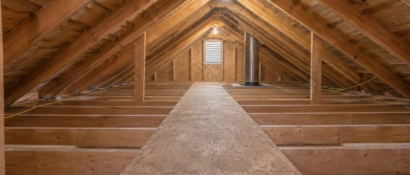 Empty attic with bare ceiling joists and a plywood walkway running toward a gable vent, lit by a single bulb