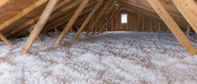 White loose-fill insulation spread across an attic floor up to the bottom of the roof trusses