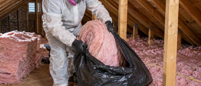 Worker in a white protective suit and respirator stuffing old pink batts into a black bag in an attic
